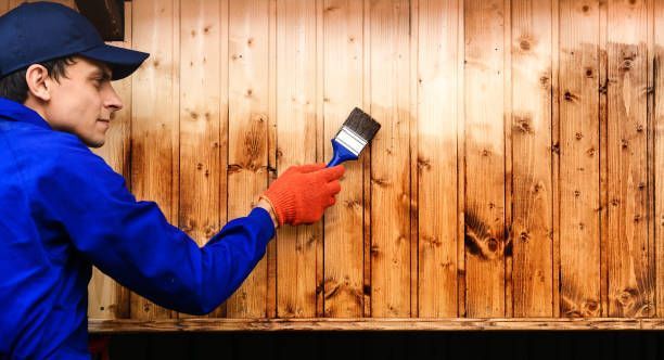 Man painting a fence, showcasing durable privacy fencing products in home improvement projects.