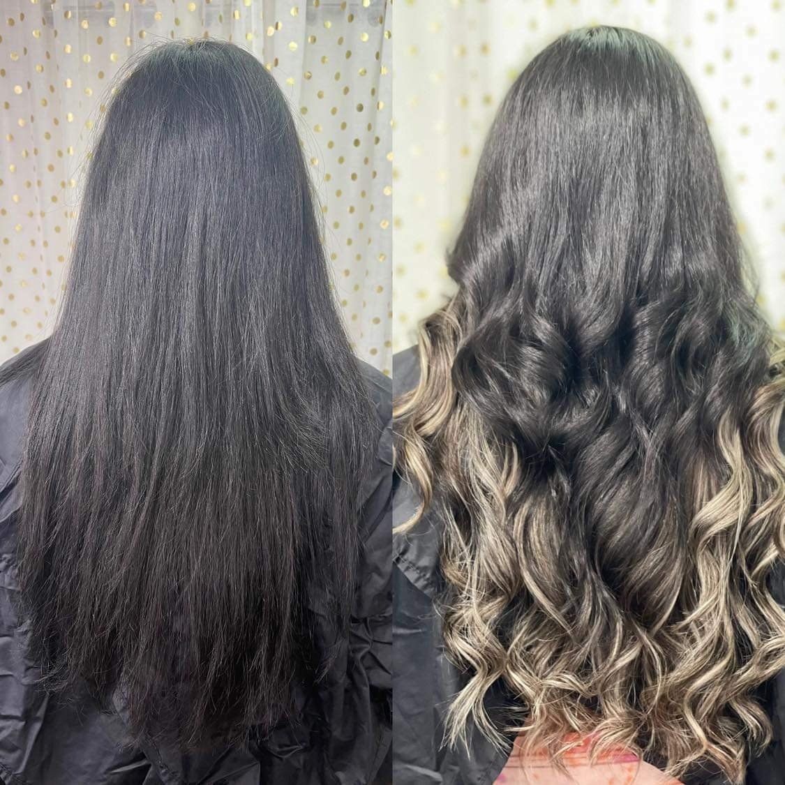 A before and after photo of a woman 's hair.