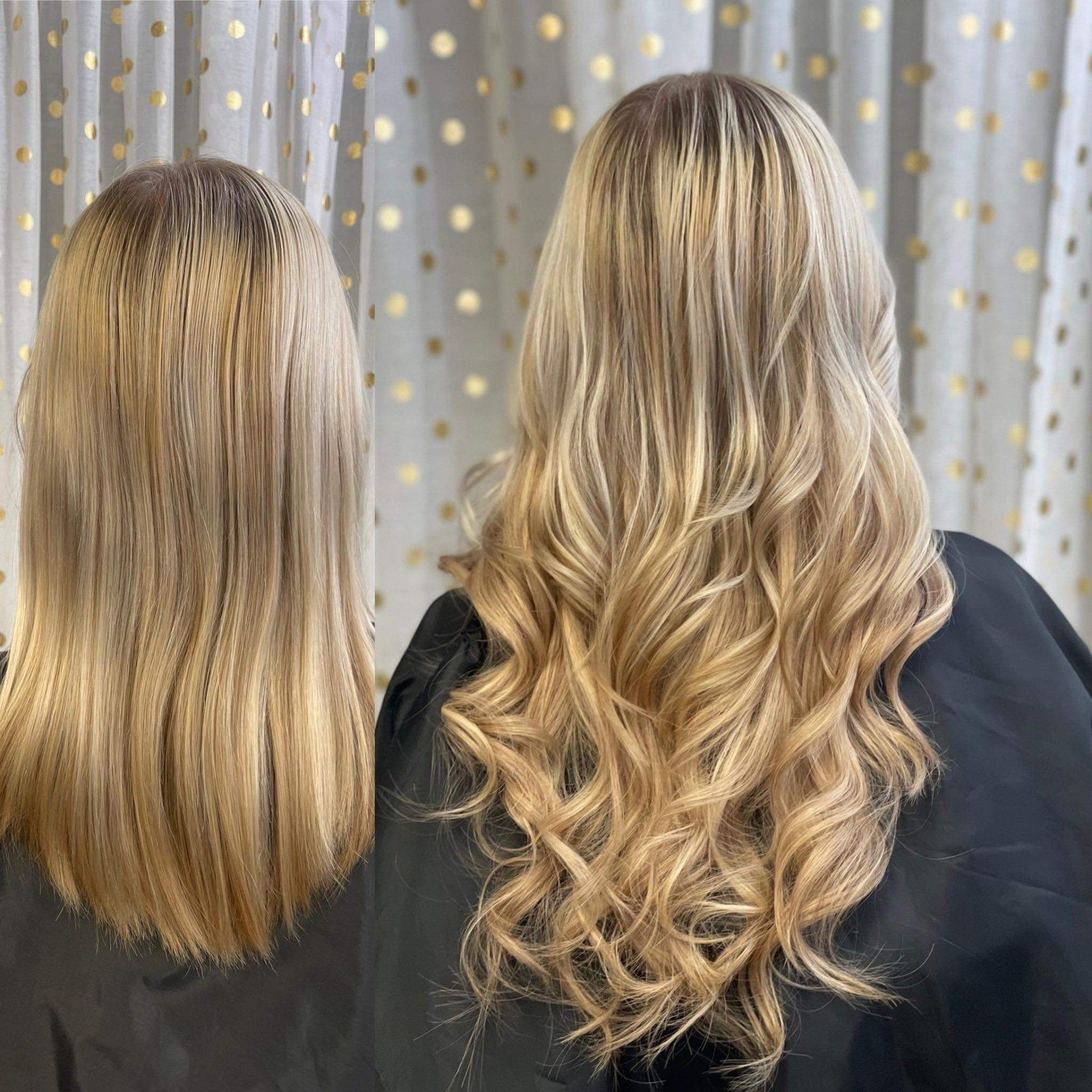 A before and after photo of a woman 's hair.