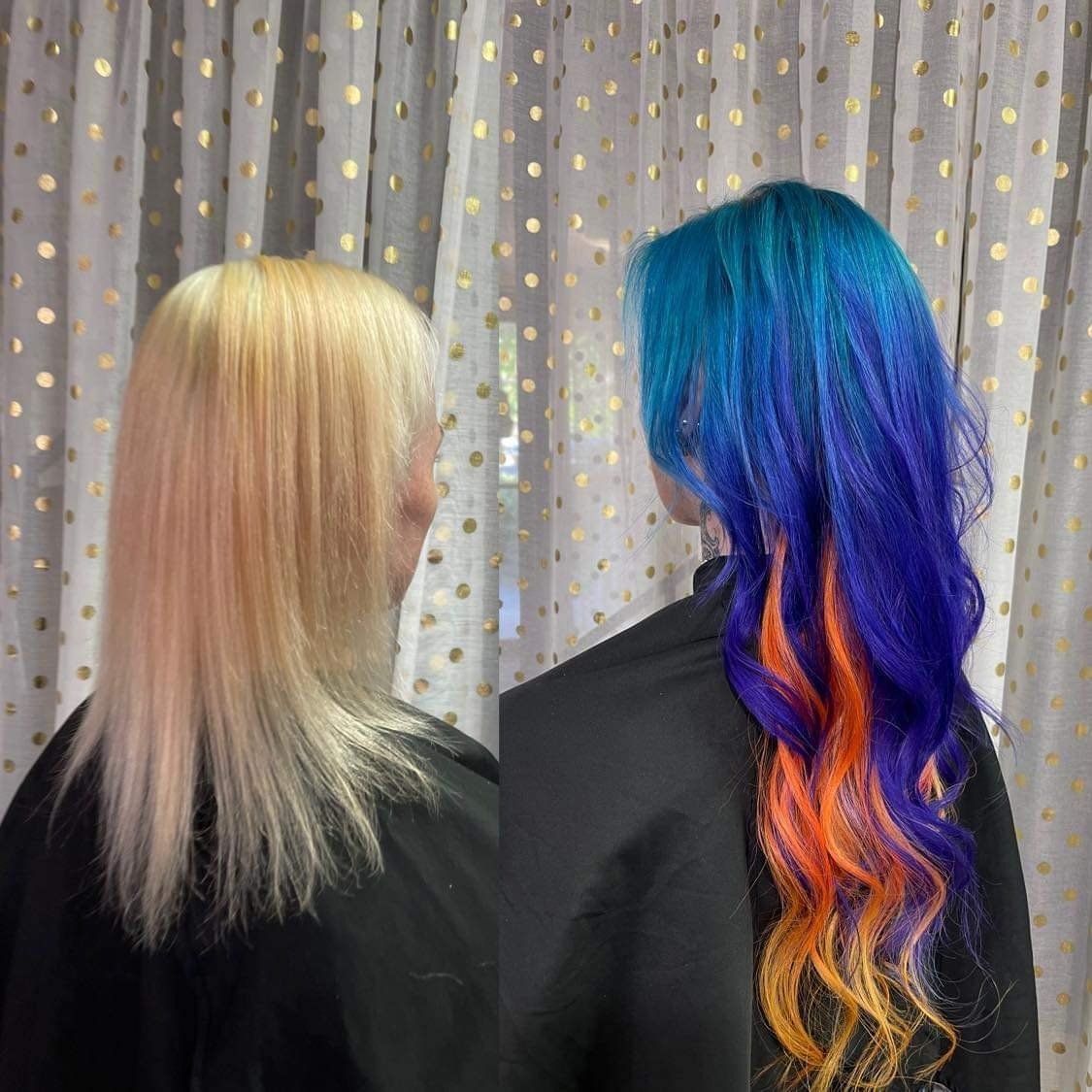 A woman with blonde hair and a woman with blue and orange hair.