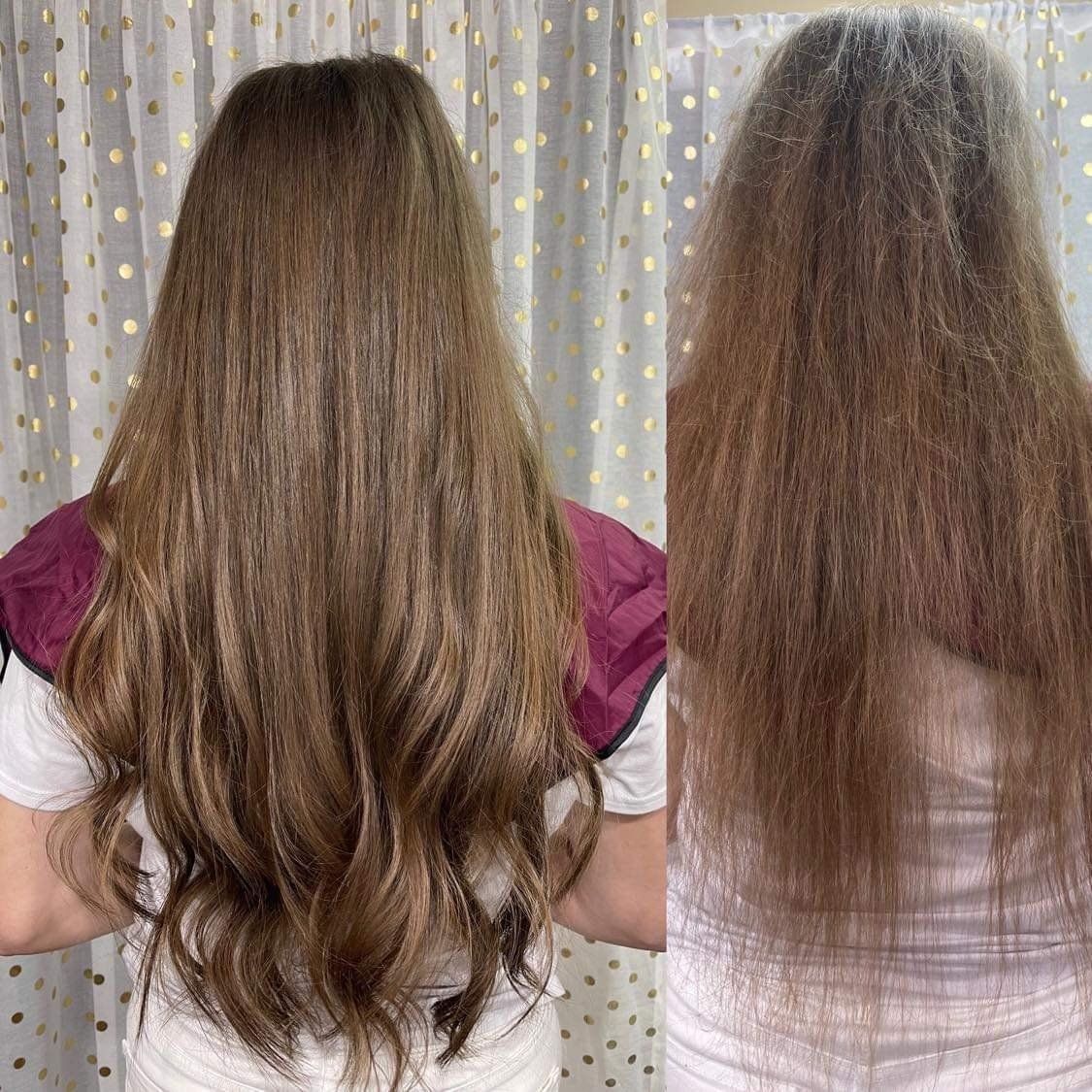 A before and after photo of a woman 's hair.