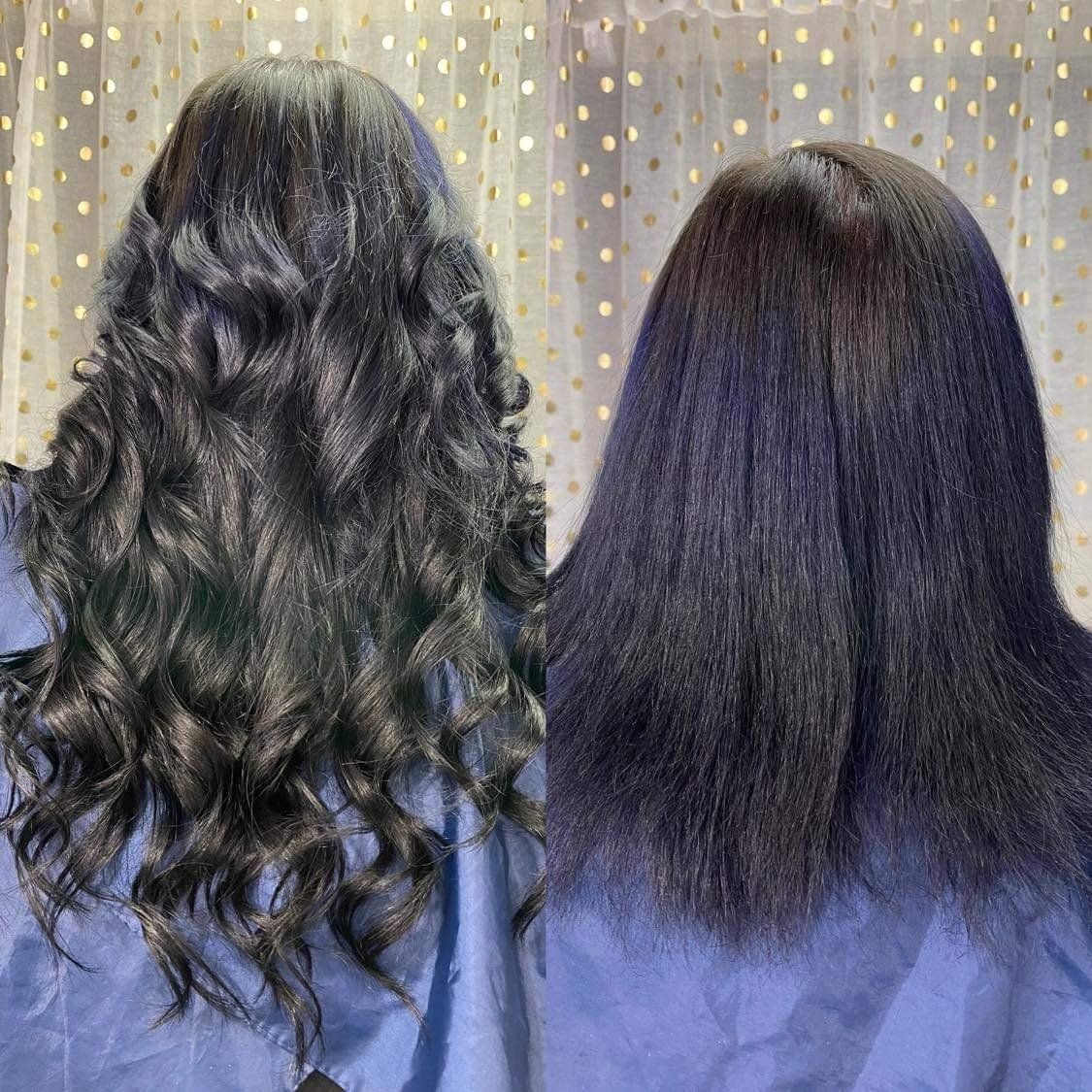A before and after photo of a woman 's hair.