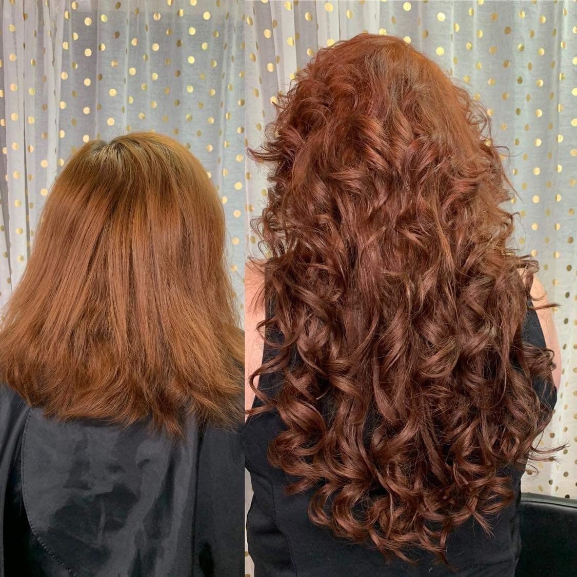 A before and after photo of a woman 's hair.