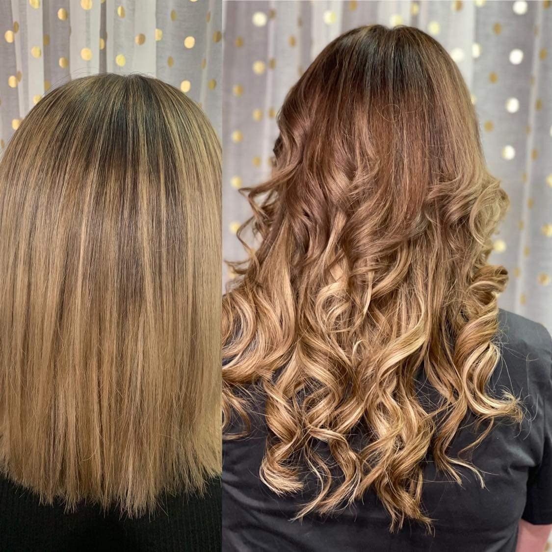A before and after photo of a woman 's hair.