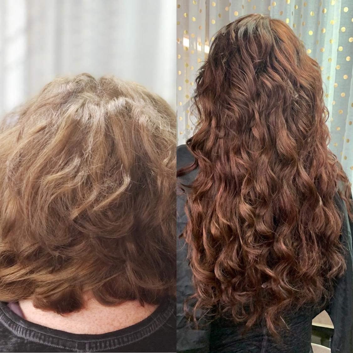 A before and after photo of a woman 's hair extensions.