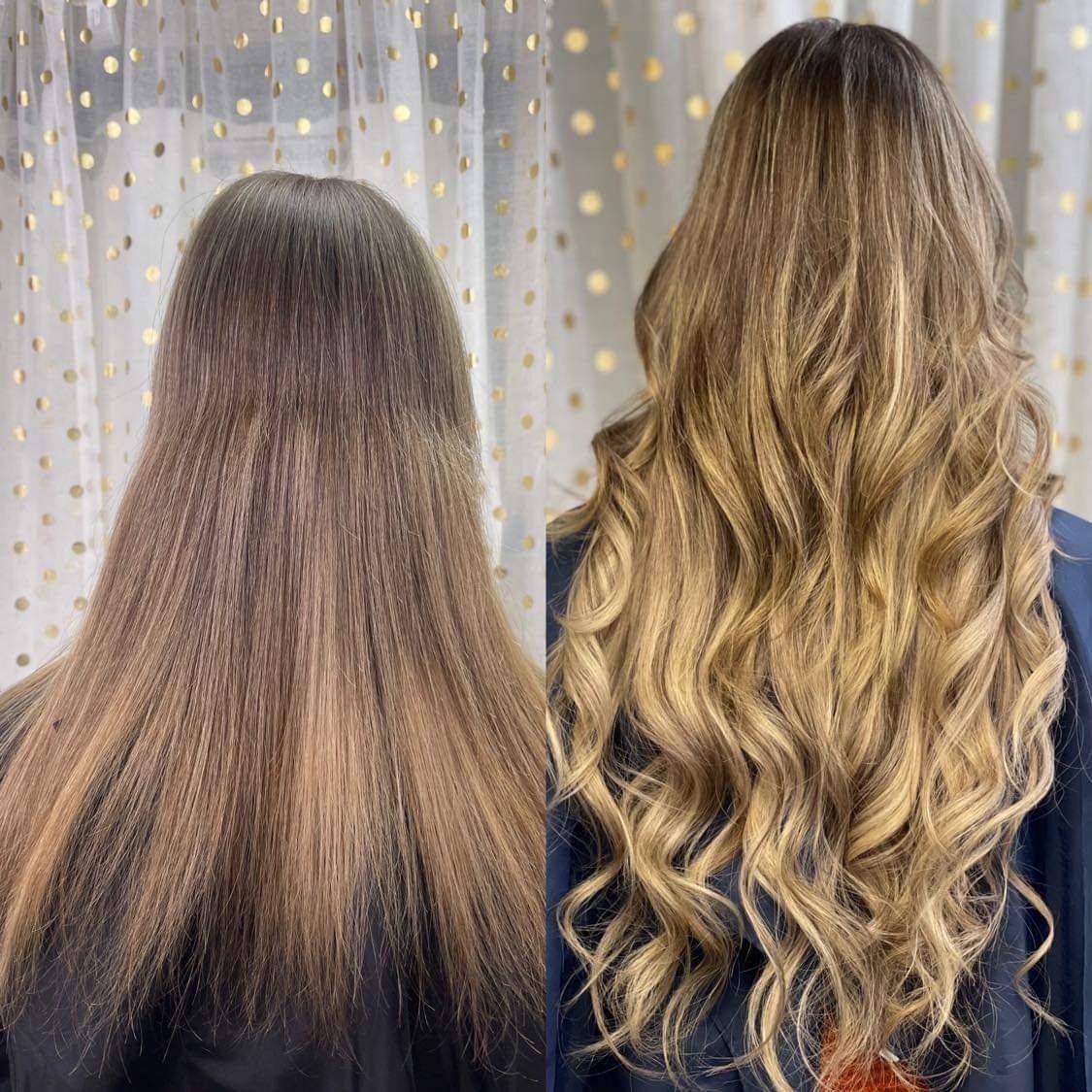 A before and after photo of a woman 's hair.