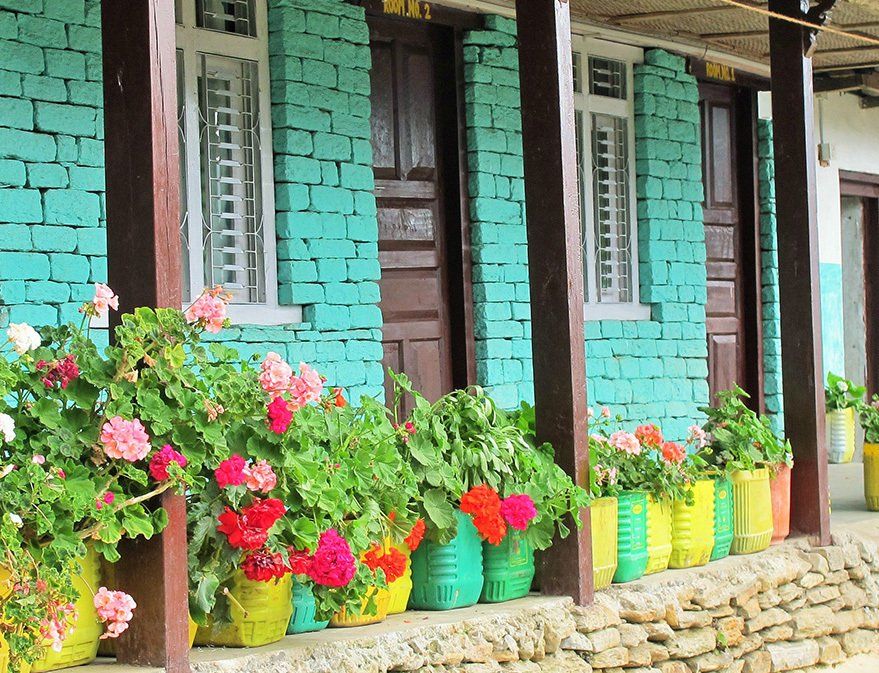 Flower-adorned guesthouse front offering a charming stay along the Annapurna Trek in Nepal.