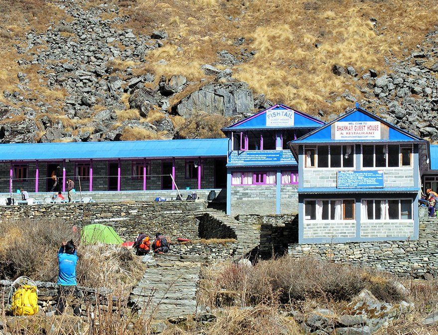 Picturesque Fishtail Lodge, a popular stop for trekkers on the Annapurna Trek in Nepal