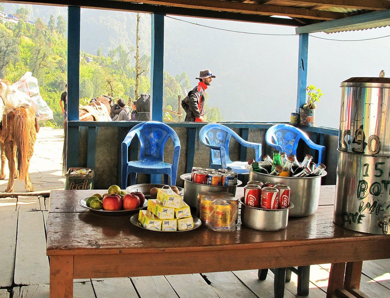 Charming grocery shop on the Annapurna Base Camp Trek in Nepal, showcasing local produce and trekking supplies.