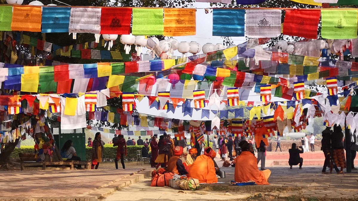 Buddha Birthplace in Lumbini with colorful flags