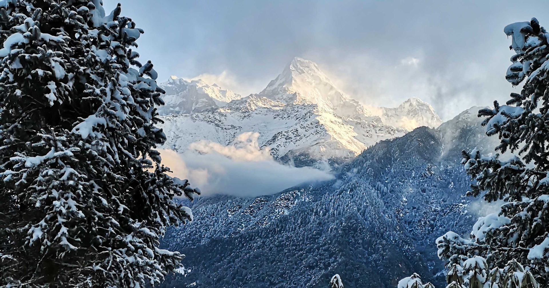  Poon Hill trail in Nepal during winter, showcasing the majestic snow-covered peaks 