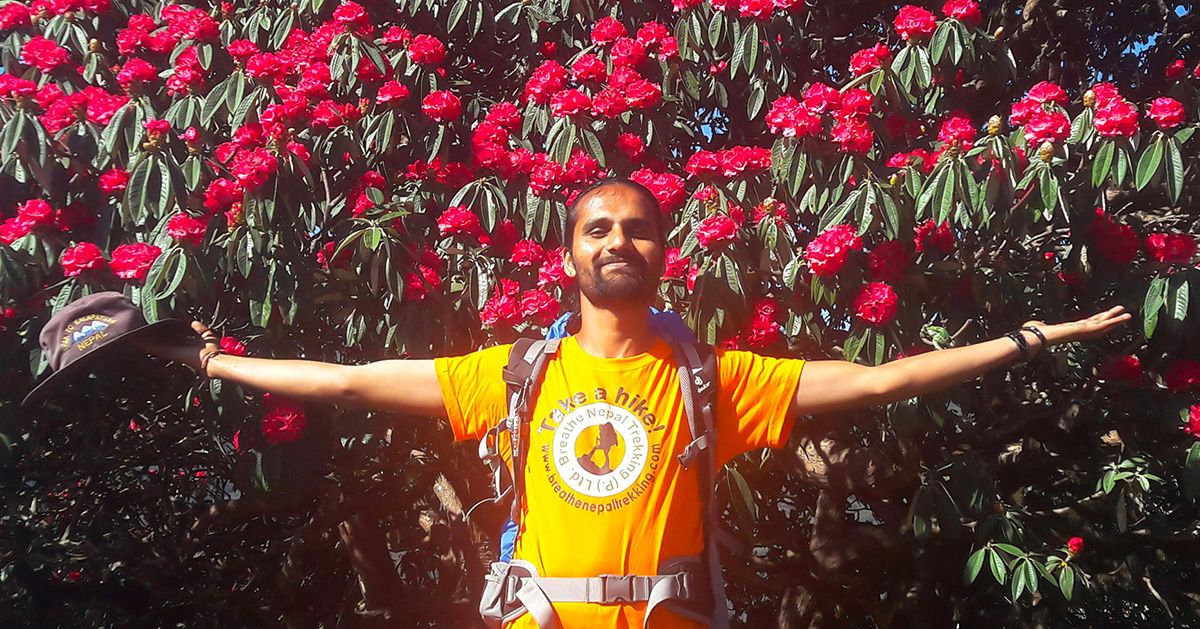 Trekking guide in Nepal with rhododendron blossom