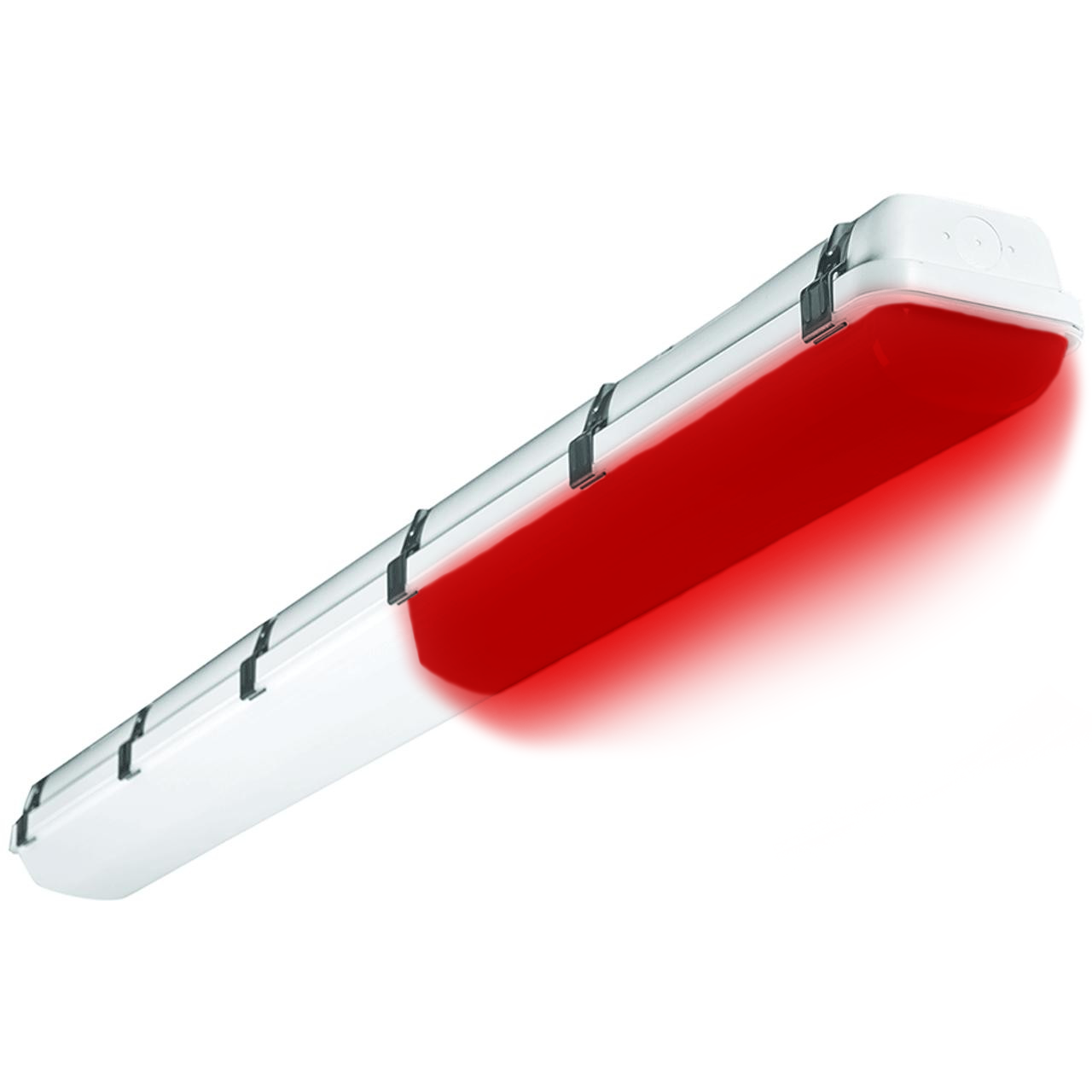 A ceiling light with a red light coming out of it.