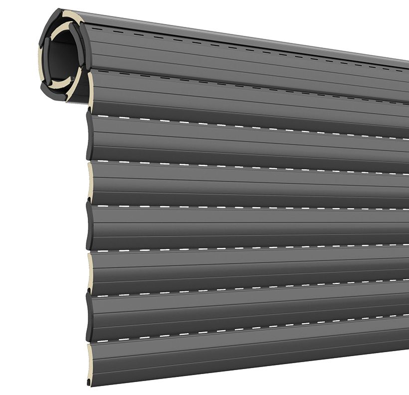 Quattro finestre bianche con persiane avvolgibili in varie posizioni di apertura/chiusura.