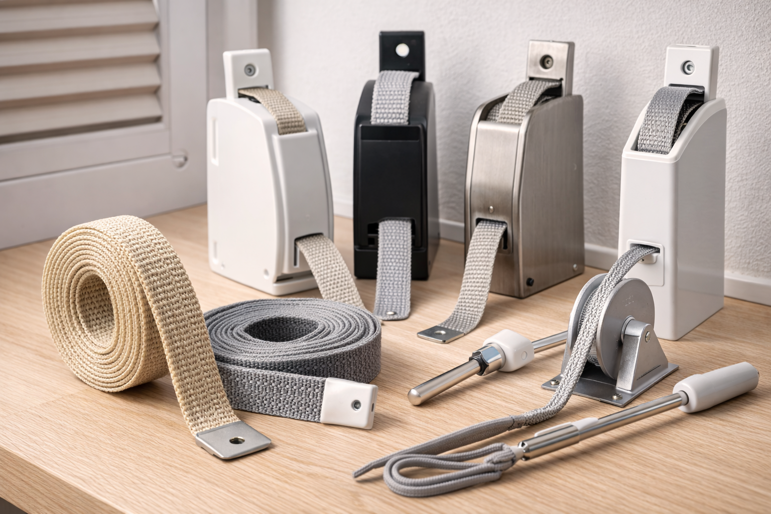 Quattro finestre bianche con persiane avvolgibili in varie posizioni di apertura/chiusura.