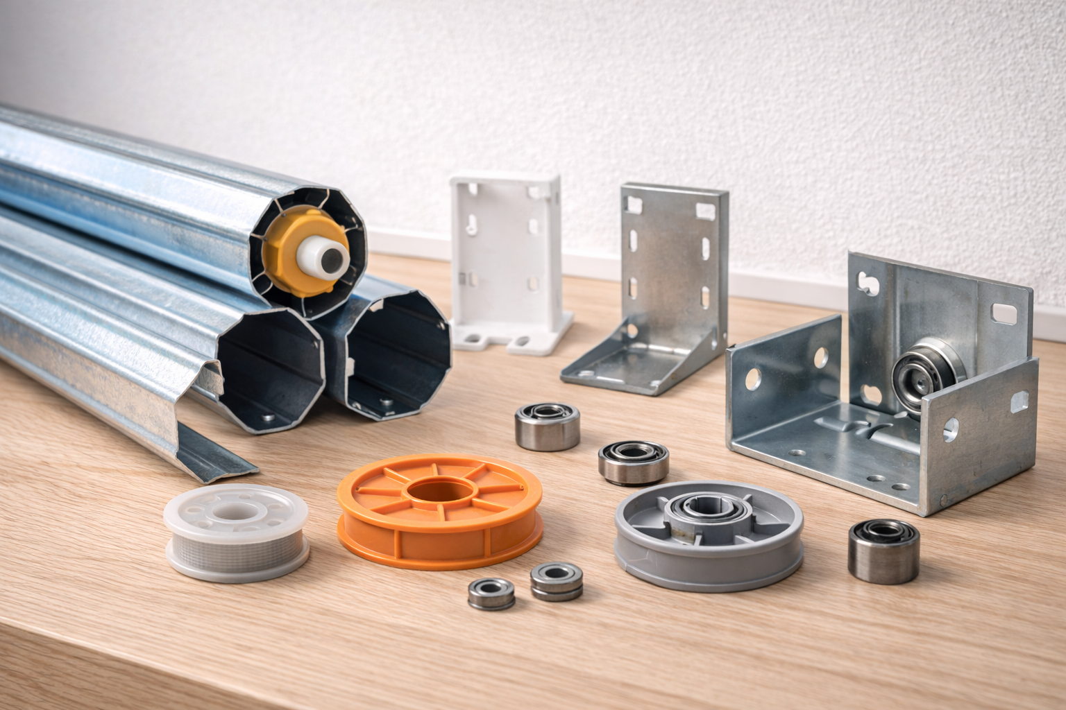 Quattro finestre bianche con persiane avvolgibili in varie posizioni di apertura/chiusura.