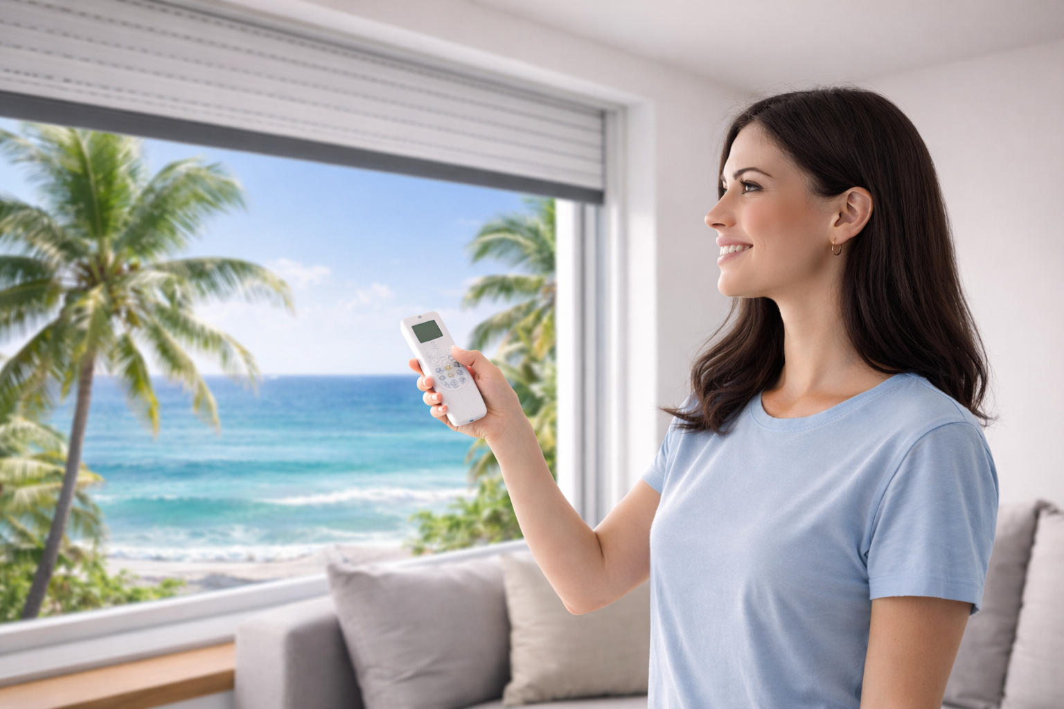 Tenda da sole in metallo nero sopra l'ingresso dell'edificio. Sullo sfondo, facciate di edifici arancioni e bianchi.