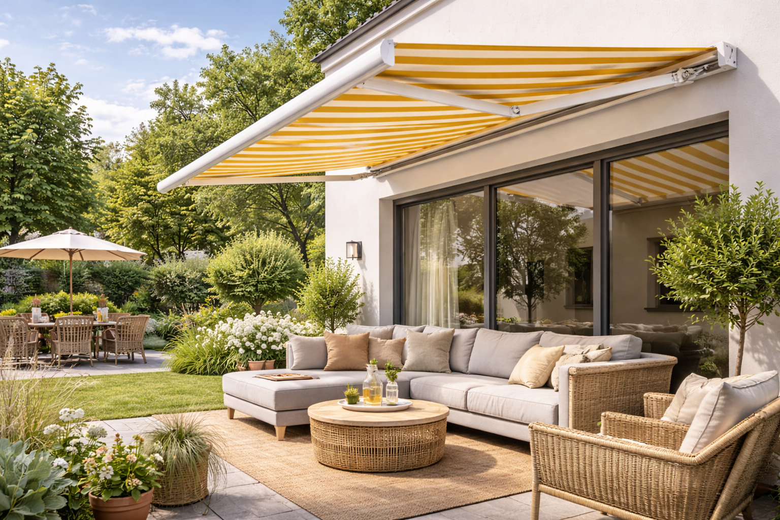 Quattro finestre bianche con persiane avvolgibili in varie posizioni di apertura/chiusura.