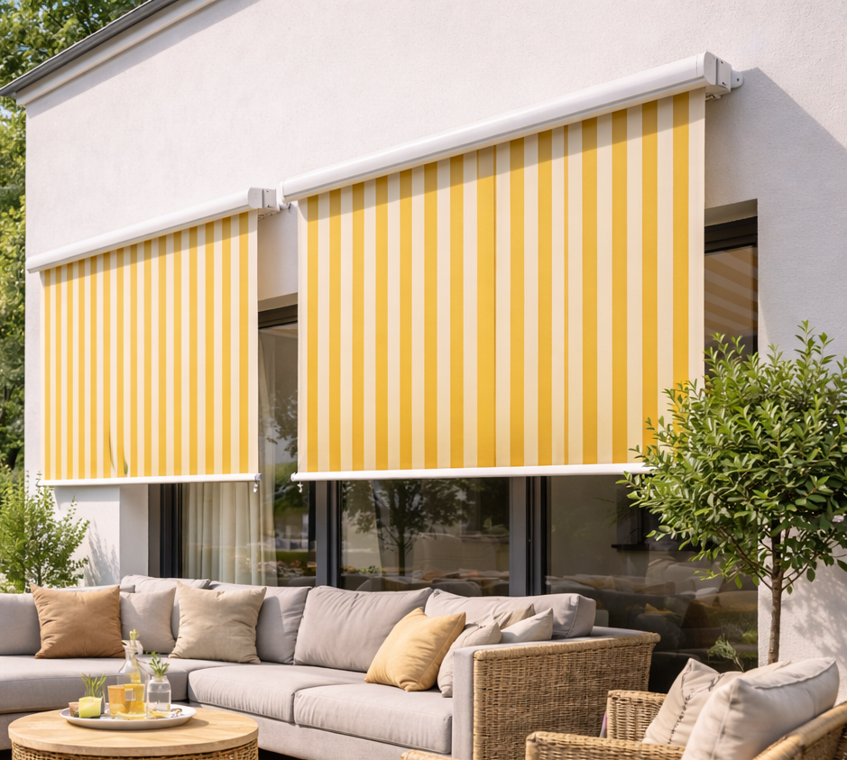 Quattro finestre bianche con persiane avvolgibili in varie posizioni di apertura/chiusura.