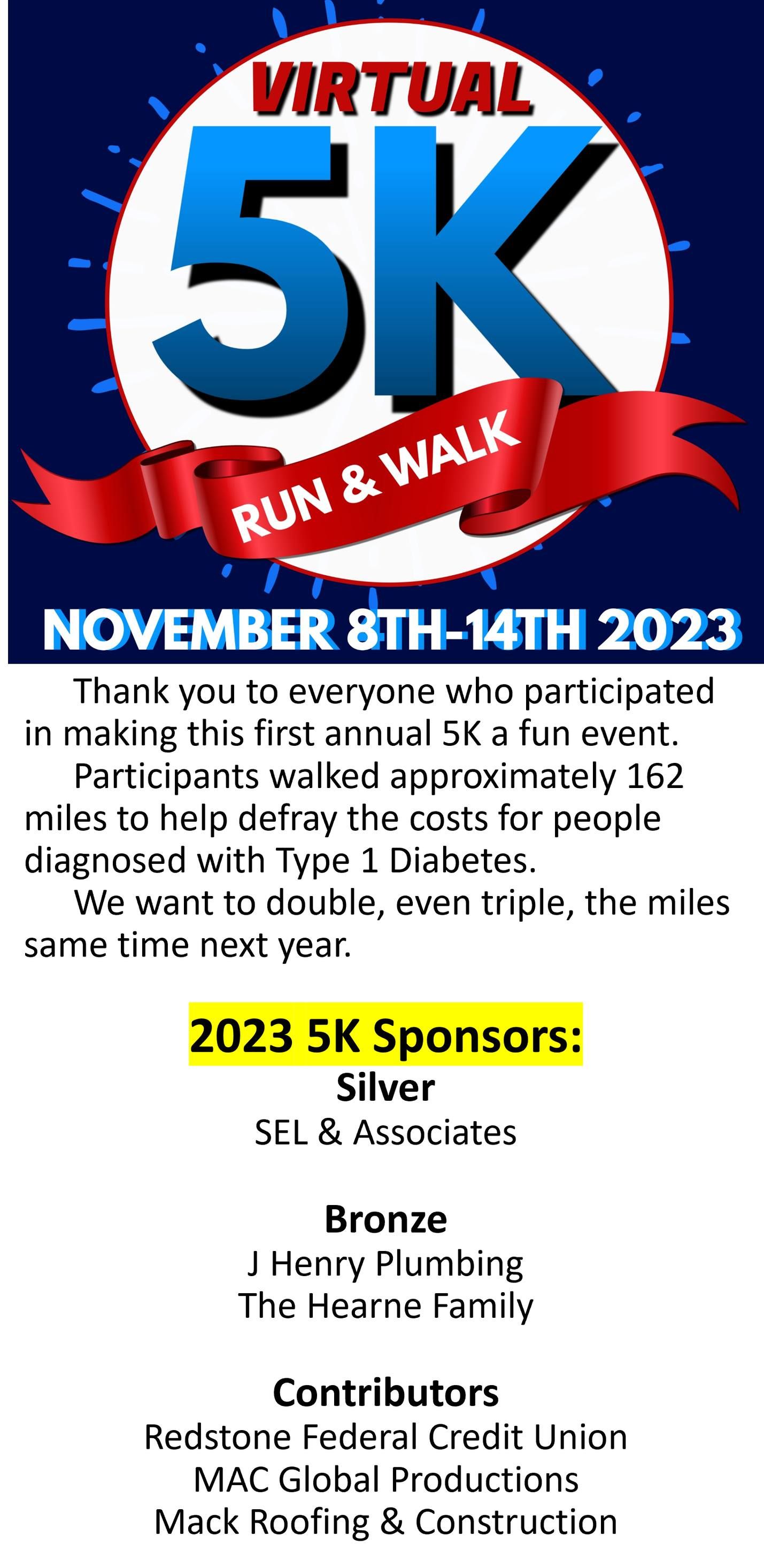 A Virtual 5K Run & Walk flyer for November 8-14, 2023, acknowledging participants and listing event sponsors.