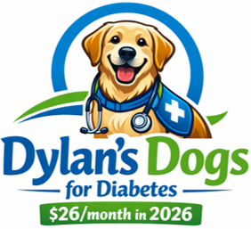 Logo for Dylan’s Dogs for Diabetes featuring a happy golden retriever wearing a medical vest, plus pricing details.