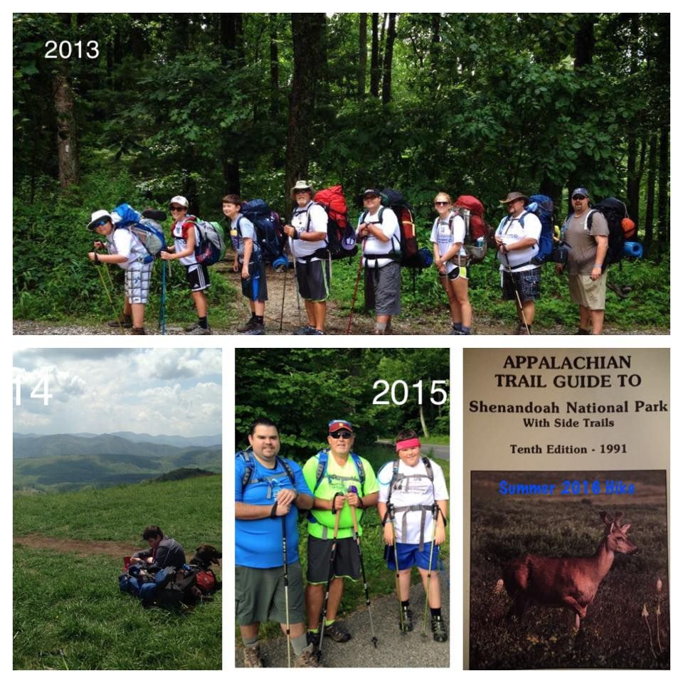 A collage showing hikers on the Appalachian Trail, including group photos from 2013 and 2015, and a guidebook cover.