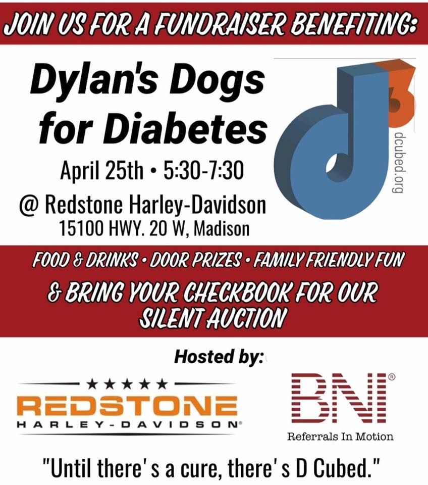 Flyer for Dylan’s Dogs for Diabetes fundraiser at Redstone Harley-Davidson on April 25th, 5:30-7:30, with silent auction.