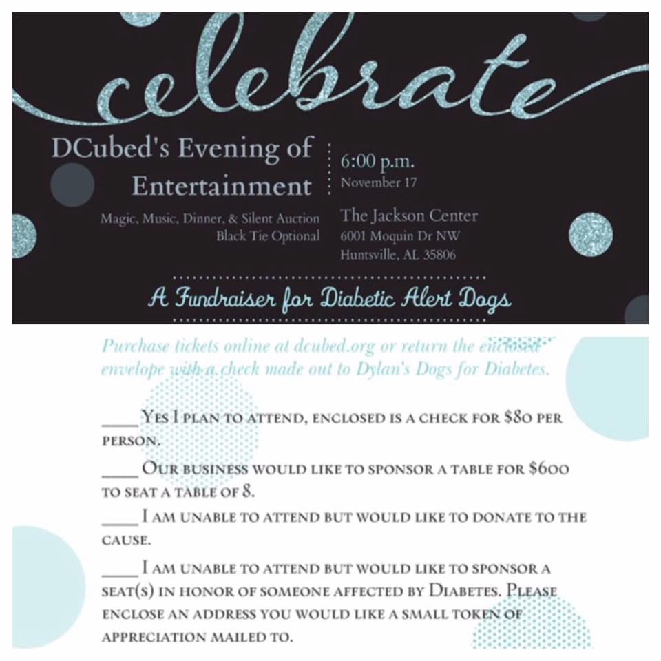 Event invitation for DCubed’s fundraiser for Diabetic Alert Dogs at The Jackson Center in Huntsville, AL on November 17.