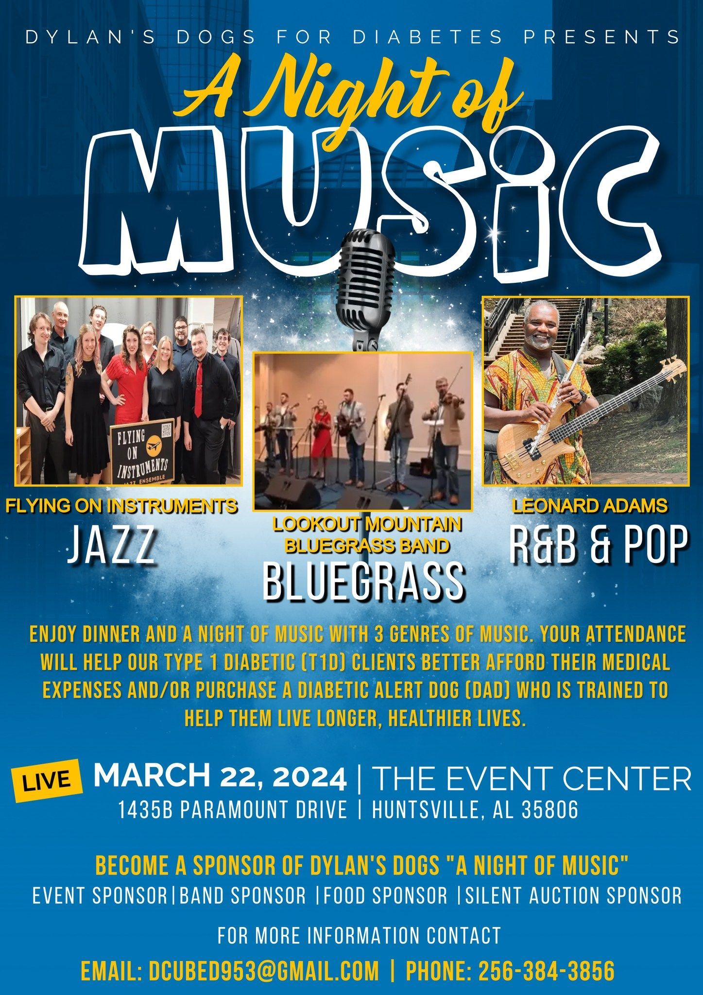 Event flyer for A Night of Music on March 22, 2024, at T-F Event Center in Huntsville, featuring jazz, bluegrass, and R&B.