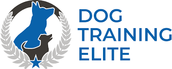 Logo with a blue dog silhouette, black dog silhouette, and laurel wreath, next to text reading