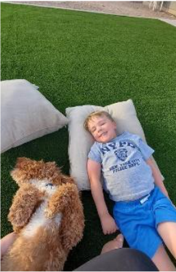 A child and a fluffy brown dog lying on pillows in a green grassy area.