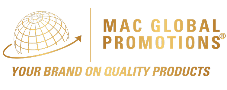 Logo for Mac Global Promotions: a gold-lined globe with an orbiting arrow next to the company name and slogan in gold.