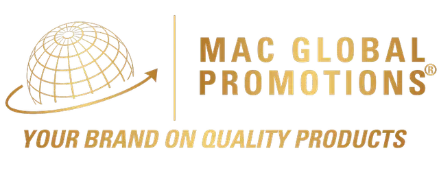 The logo for Mac Global Promotions features a golden globe icon and text reading "Your brand on quality products."