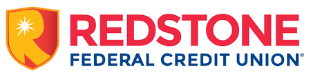 The Redstone Federal Credit Union logo features a red and yellow shield emblem next to the red and blue brand name text.
