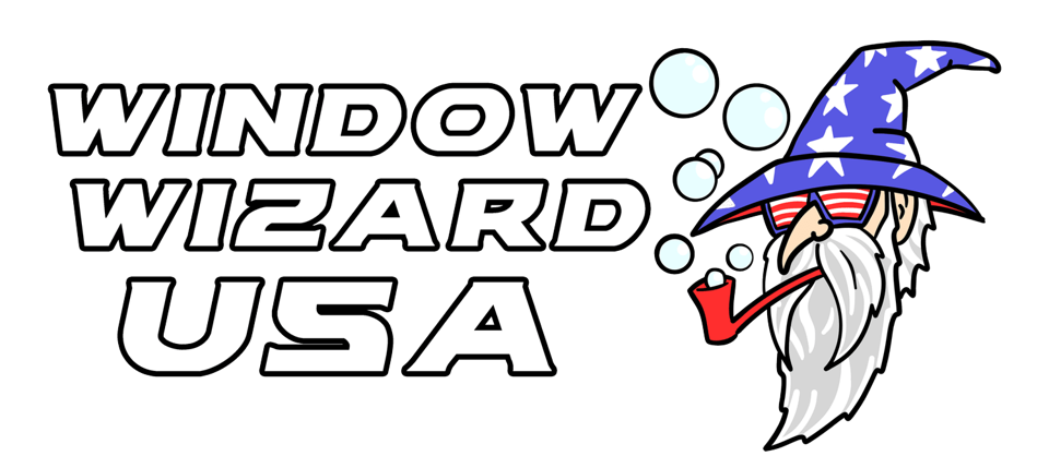 Logo for Window Wizard USA featuring text next to a cartoon wizard wearing a star-spangled hat, glasses, and smoking a pipe.