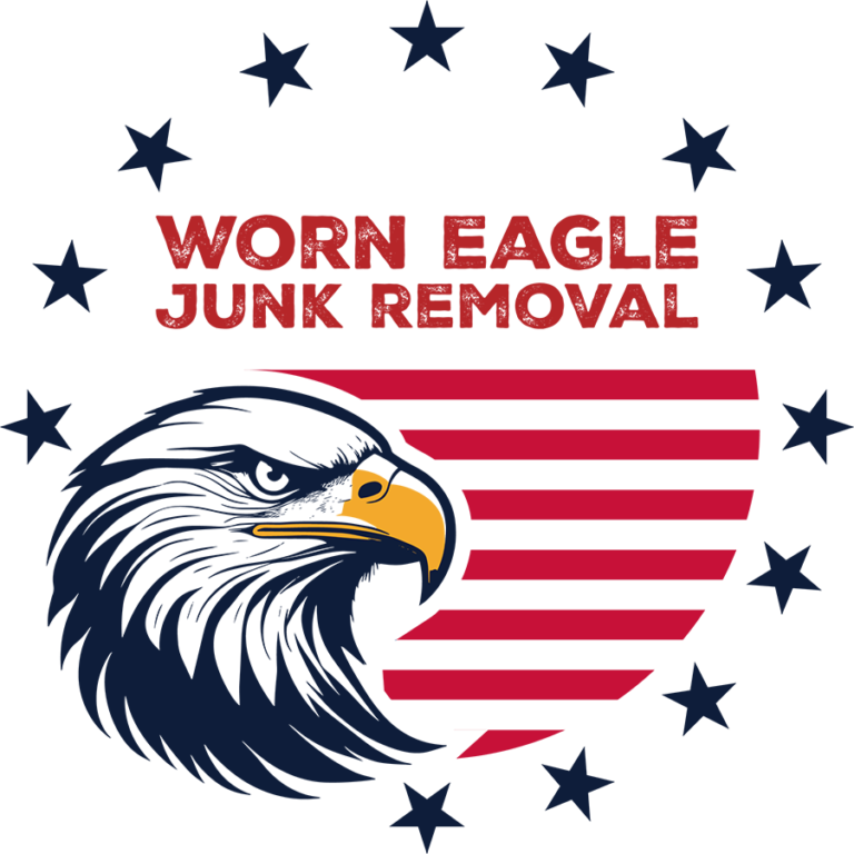 Logo for Worn Eagle Junk Removal featuring an eagle head, red and white flag stripes, and a circle of blue stars.