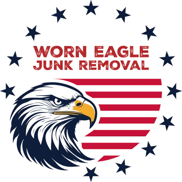 Logo for Worn Eagle Junk Removal featuring a bald eagle head, a partial American flag, and surrounding blue stars.