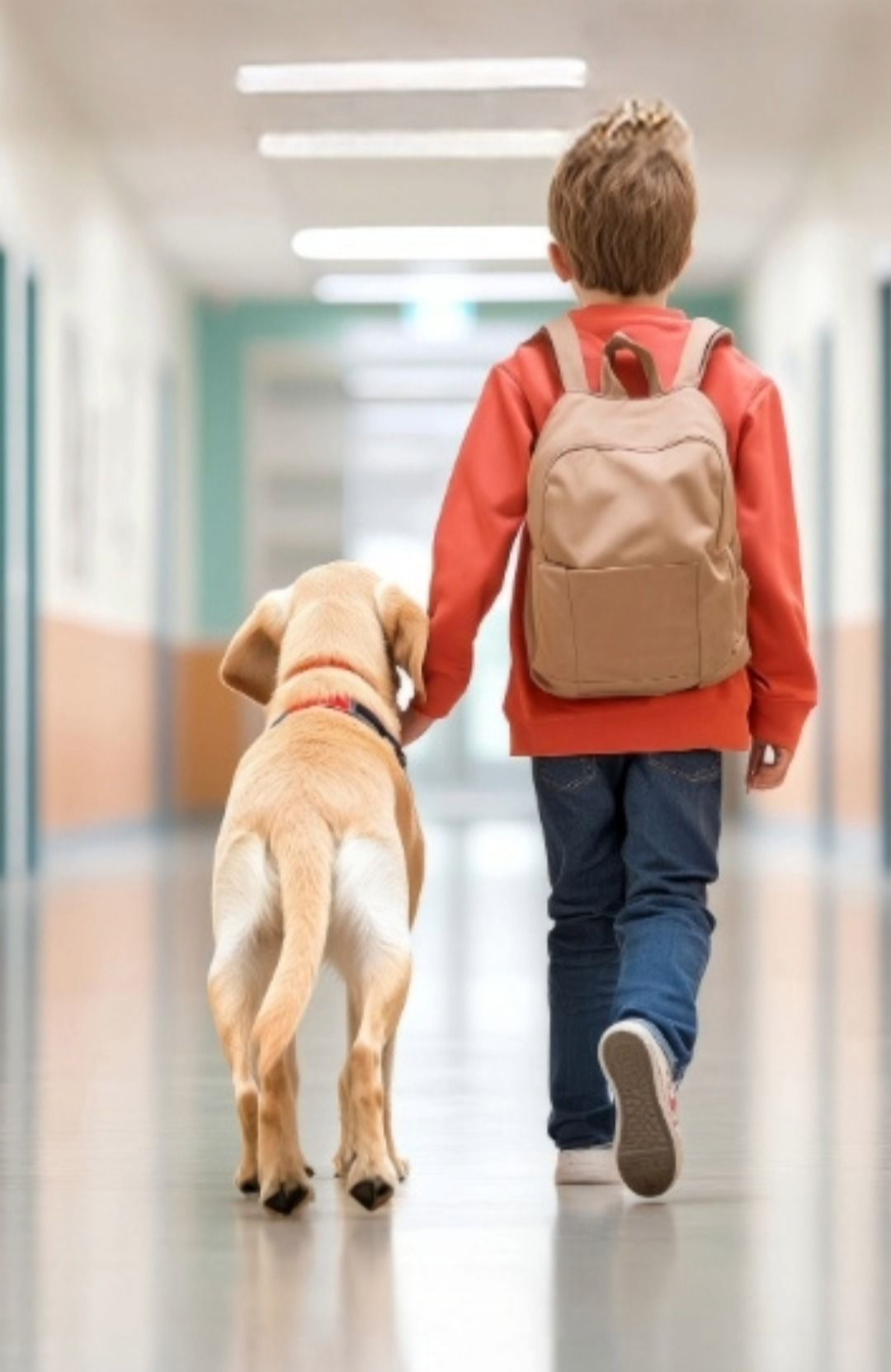 A person with a tan backpack walking down a school hallway, holding the leash of a golden-colored dog.