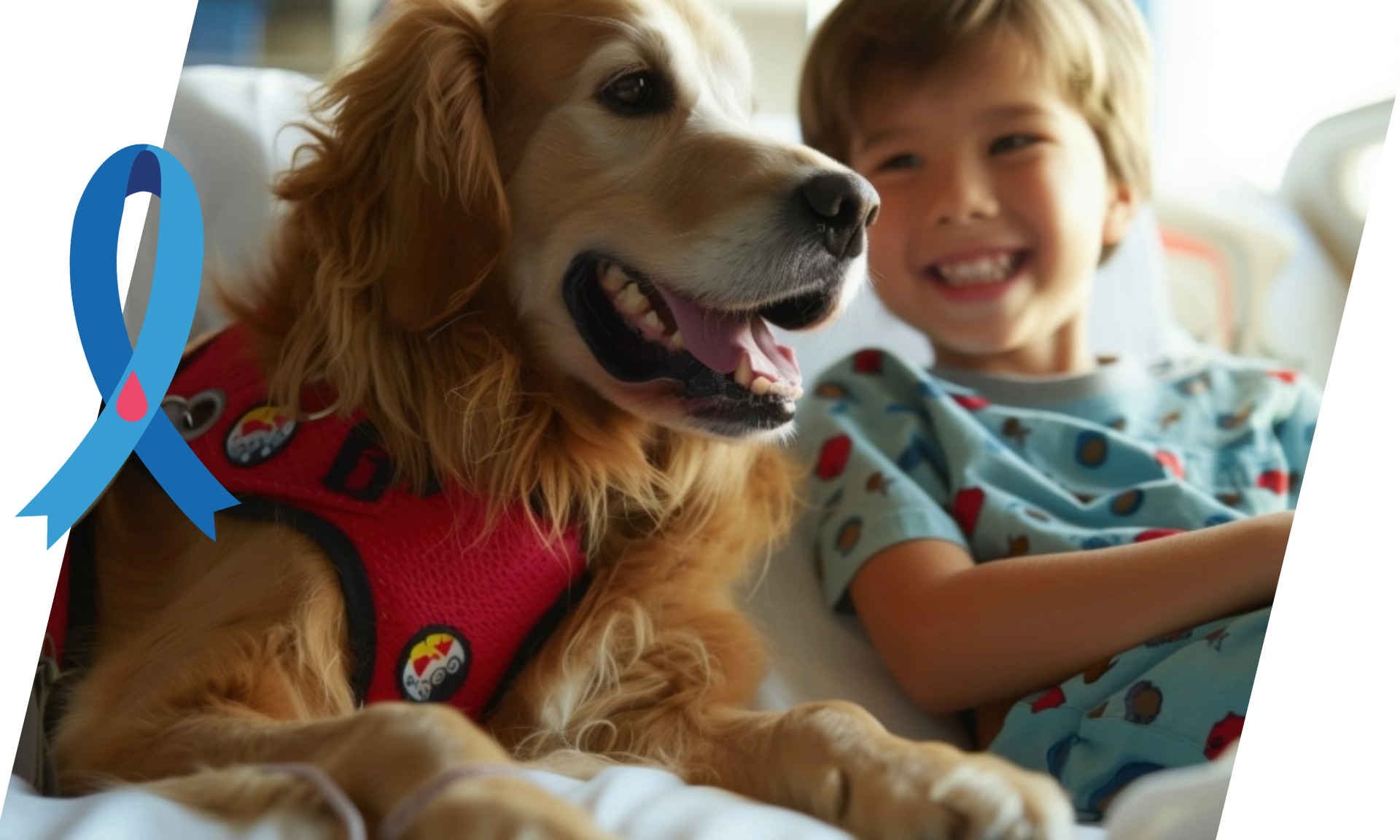A smiling child in a hospital bed beside a therapy dog wearing a red vest, overlaid with a blue awareness ribbon.
