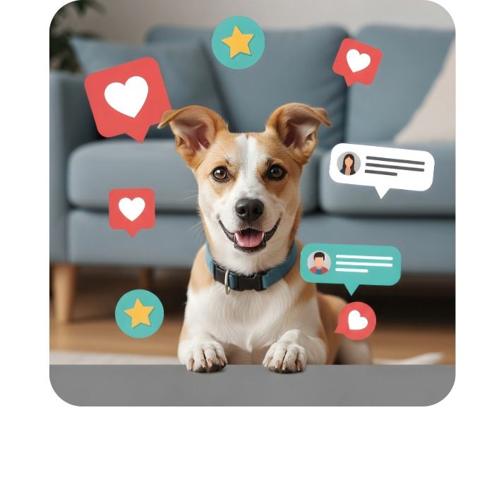 A happy dog in a blue collar rests on a floor, surrounded by digital social media notification icons.