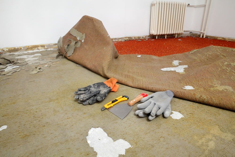 Rolled-up Carpet in a Room, With Gloves and Tools on a Concrete Floor — Kalora Carpentry & Restorations in Charlestown, NSW