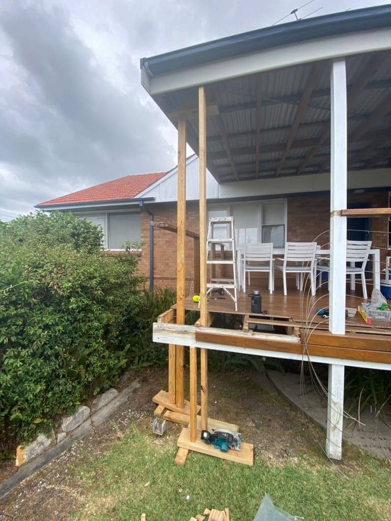 Wooden Deck Construction With Support Beams Against a House — Kalora Carpentry & Restorations in Lake Macquarie, NSW