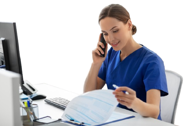 A nurse is talking on a cell phone while looking at a clipboard.