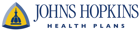 Johns Hopkins Health Plans logo: blue and gold triangular emblem with a dome silhouette, text 