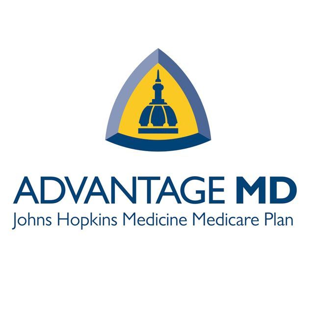 Advantage MD logo: Blue and yellow triangular emblem with a Johns Hopkins Medicine Medicare Plan inscription.