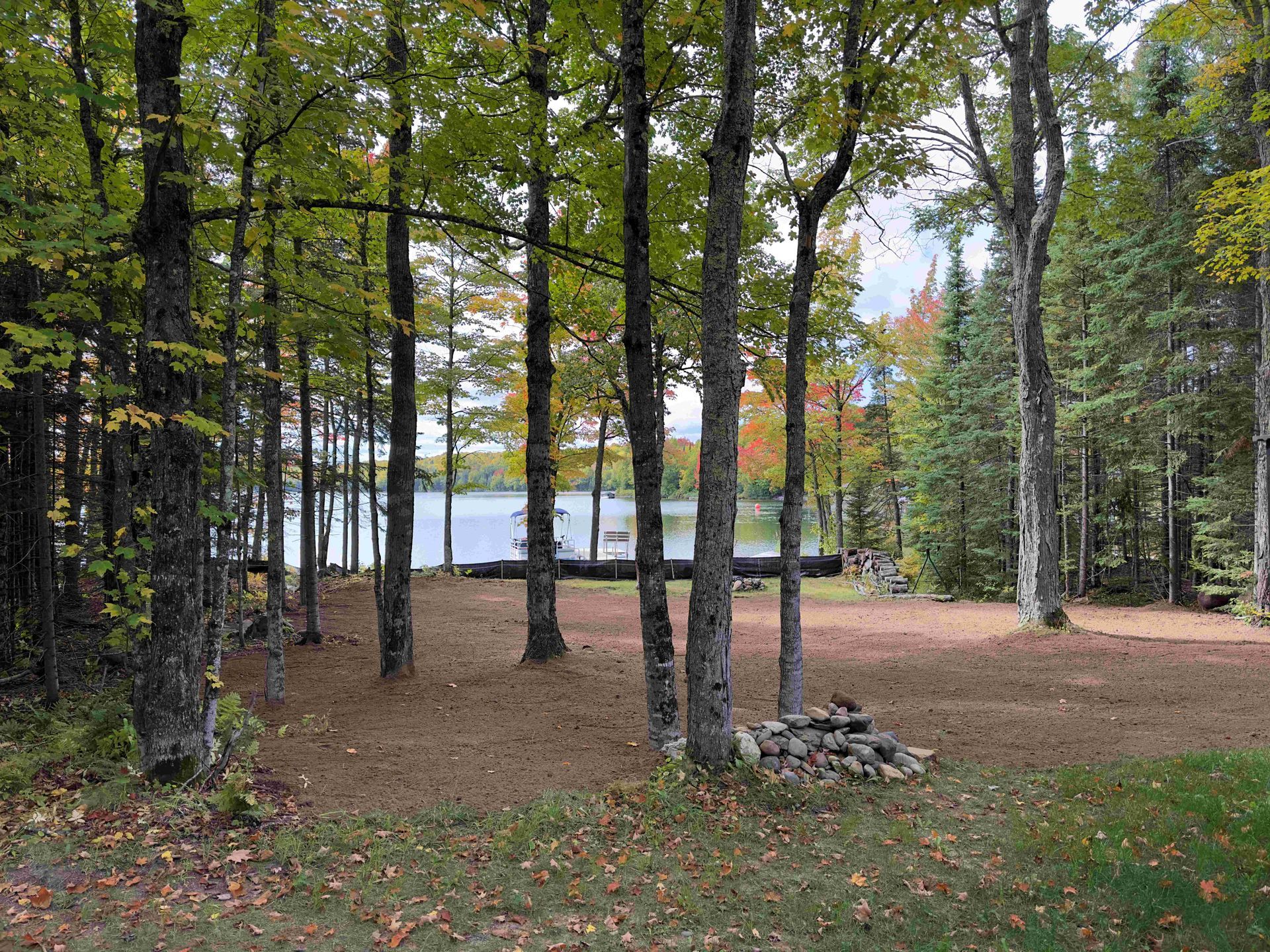A clearing among tall trees overlooks a calm lake on a cloudy day, with a small pile of rocks in the foreground.