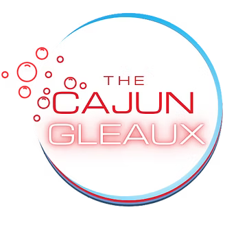 Logo for The Cajun Gleaux with red text, a circular border, and scattered bubbles on a white background.