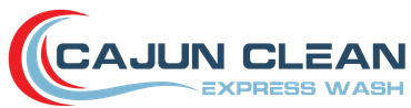 Logo for "Cajun Clean Express Wash" featuring stylized red and blue swirling waves next to dark blue and light blue text.