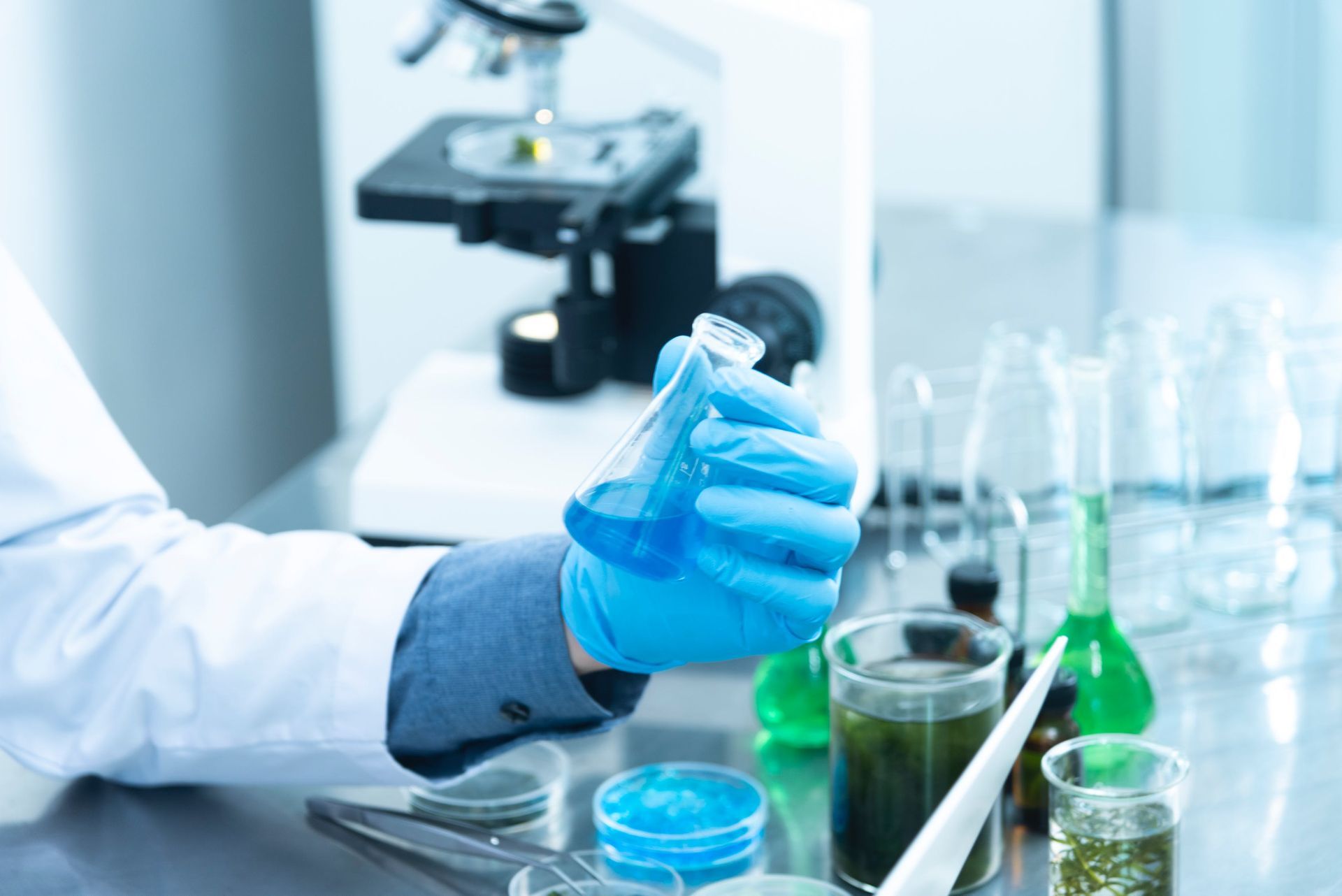 three test tubes are sitting in a blue rack in a laboratory .