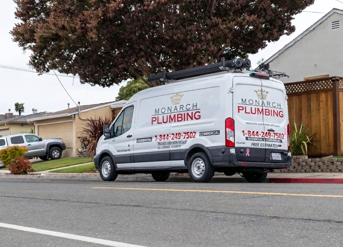 White plumbing service van parked on a street beside a house and large tree